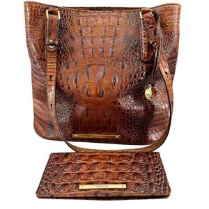 Brahmin Croc Embossed Leather Tote Handbag Wallet Set Brown Gold Accents